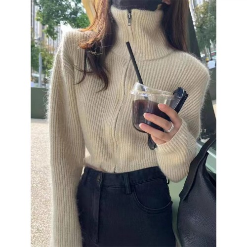 Short zipper turtleneck sweater jacket for women spring and autumn solid color commuting loose long-sleeved lazy high-end knitted top