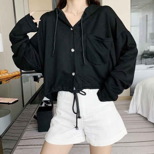 Actual shot of 2024 new autumn Korean style loose drawstring short sweatshirt for women