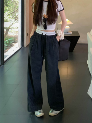 Hot girl with slim legs ~ Retro contrasting elastic waist plaid casual pants for women, thin straight-leg sports pants, wide-leg long pants