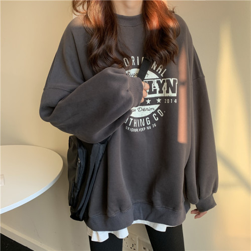 Chinese cotton composite thin 310g/plus velvet 410g autumn and winter sweatshirt for women with printed loose large size