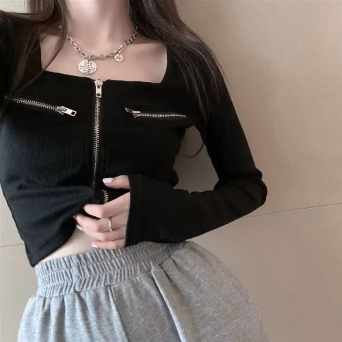 2024 autumn and winter new French retro square collar short zipper bottoming shirt for women with long-sleeved cardigan T-shirt top