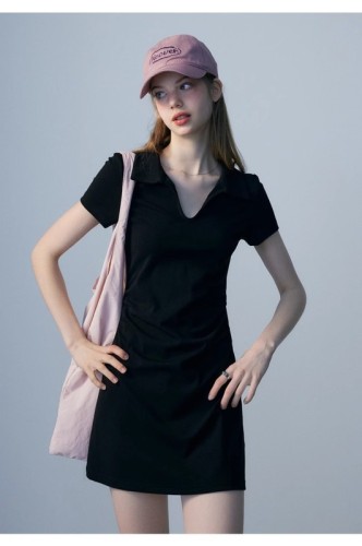 Black Lapel Solid Color Dress Summer New Commuting Simple Fashion Slim Waist Temperament Short Sleeve Women's Skirt