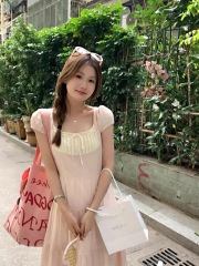 Gentle pink square neck dress for women, chic design, waist slimming, A-line long dress for small people, summer