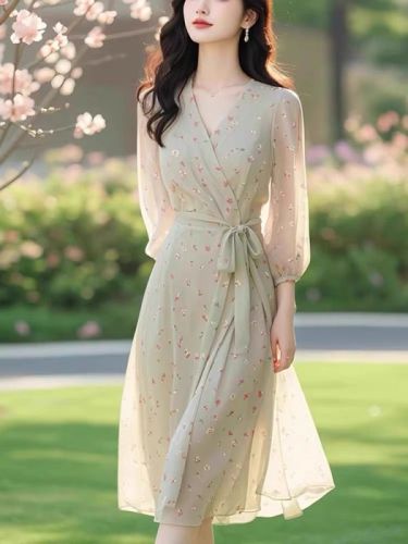 Platycodon French fishing style dating light green floral v-neck waist slimming chiffon dress children's summer long dress