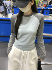 Actual shot of early autumn Korean style raglan contrast letter embroidered round neck all-match pure cotton long-sleeved T-shirt top for women