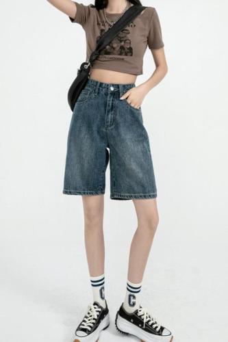 Summer new trendy ins straight denim shorts for women spring loose design thin high-waisted five-point pants