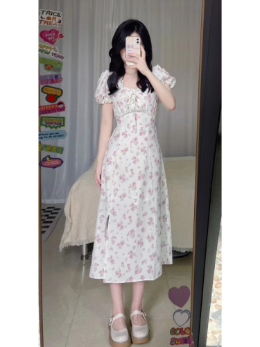 French retro floral dress for women 2024 summer new style waist slimming lace-up puff sleeve skirt