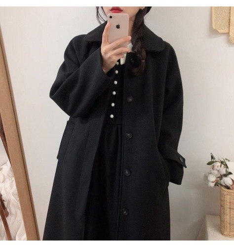 Student woolen coat women's mid-length 2024 autumn and winter new Korean version loose slimming thickened knee-length woolen coat