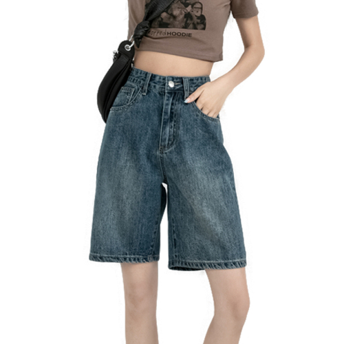 Summer new trendy ins straight denim shorts for women spring loose design thin high-waisted five-point pants