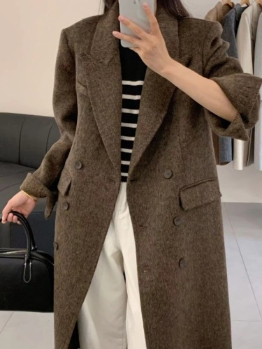 Herringbone pattern autumn and winter temperament double-sided cashmere coat Korean double-breasted mid-length woolen coat