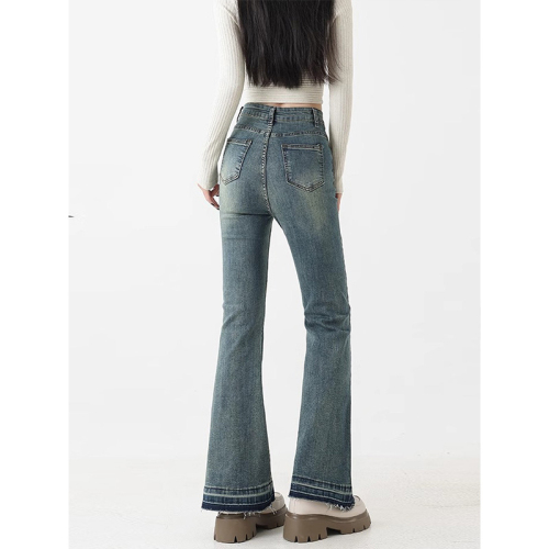 Retro Blue Micro-Relaxed Women's Summer High-Waisted Elastic Plus-Size Slimming Pear-Shaped Hoop Flare Pants