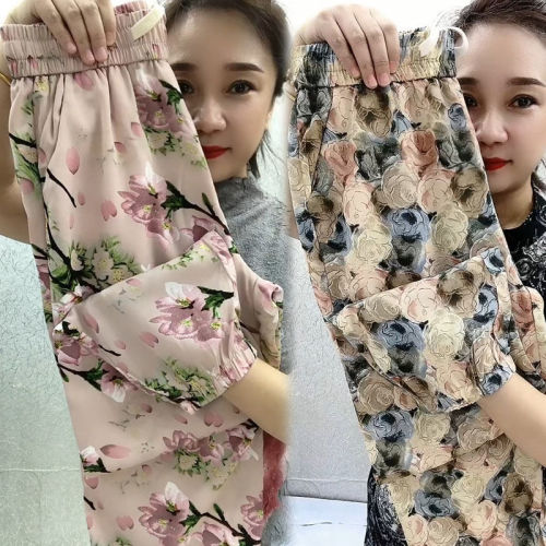 Summer new style ice silk cool pants, high-waist slim casual pants, thin leg-tie flower pants, women's loose, western-style harem pants