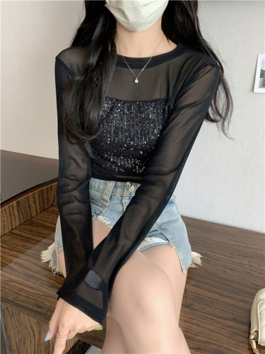 Real shot of mesh sequined long-sleeved T-shirt for women in autumn new temperament slimming slimming bottoming shirt top