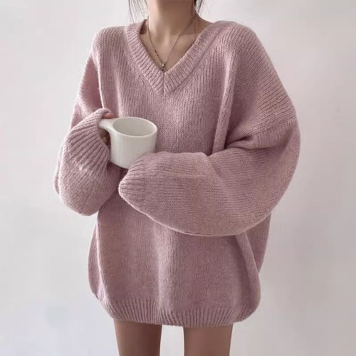 Korean chic autumn and winter gentle temperament V-neck pink soft waxy sweater loose casual long-sleeved pullover sweater for women