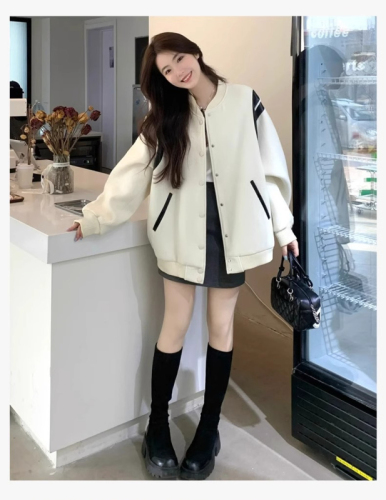 American retro white baseball uniform jacket for women spring and autumn 2024 new high-end loose jacket top