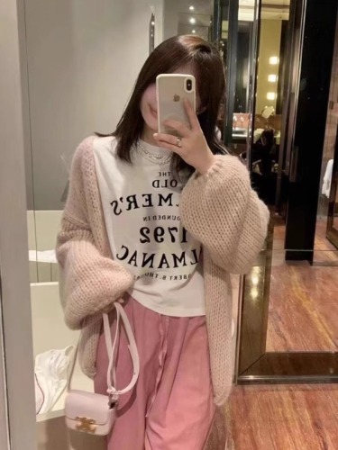 Lazy style knitted cardigan jacket for women 2024 spring and autumn new Korean style gentle loose hollow sweater blouse