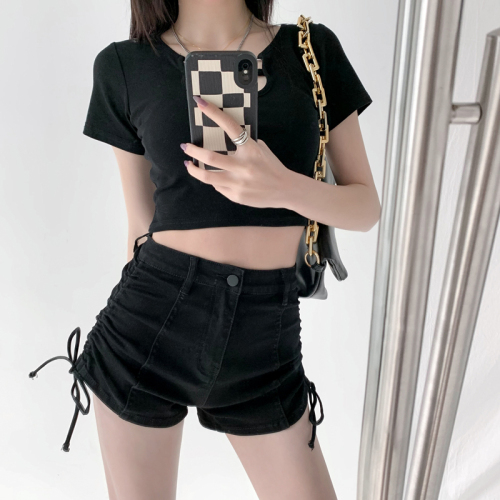 Hot girl summer high-waist denim shorts women's drawstring design slimming A-line strap hip-covering hot pants trendy