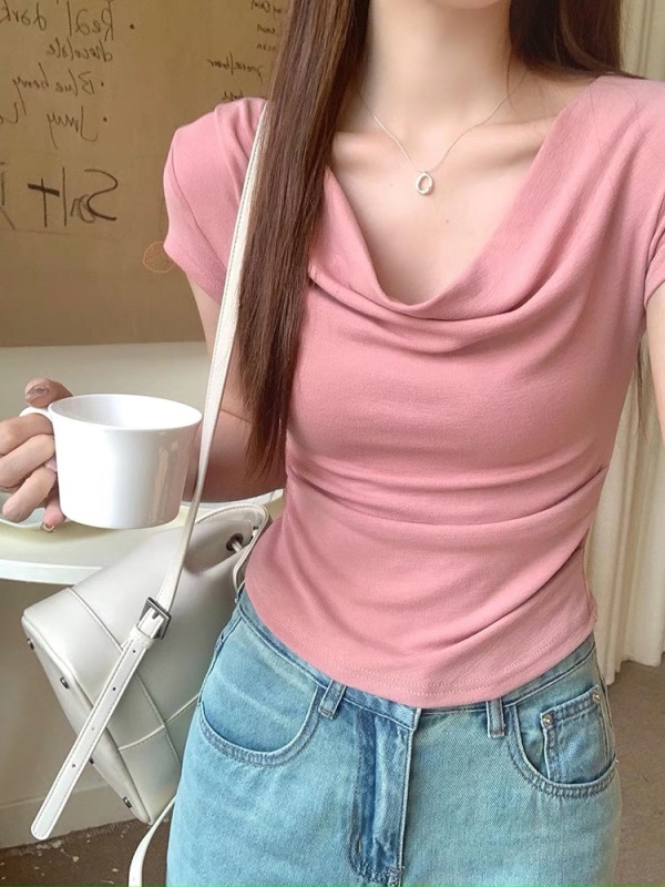 Designed swing collar slim fit short-sleeved T-shirt for women 2024 summer hot girl off-shoulder short top