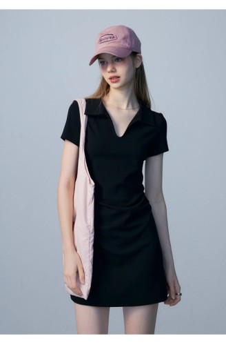 Black Lapel Solid Color Dress Summer New Commuting Simple Fashion Slim Waist Temperament Short Sleeve Women's Skirt