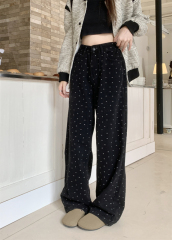 Polka dot high waist loose straight wide leg floor mopping denim trousers