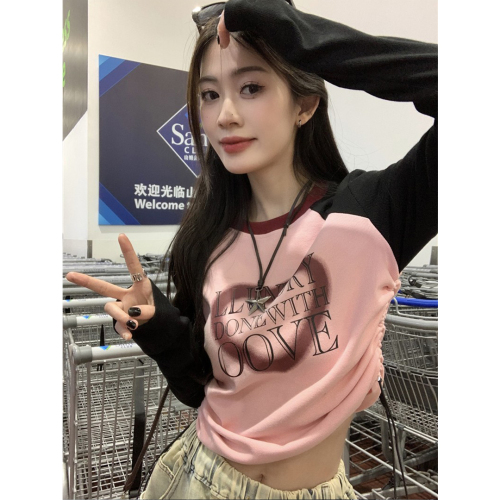 Contrast color T-shirt women's spring and autumn American retro drawstring design long-sleeved top