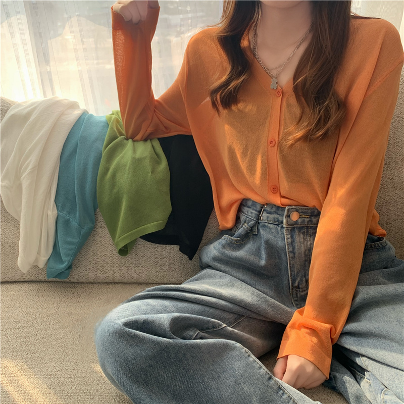 New summer knitted sun protection cardigan V-neck loose solid color long-sleeved thin air-conditioning shirt