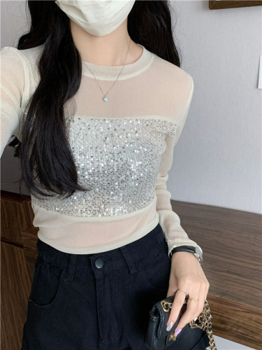 Real shot of mesh sequined long-sleeved T-shirt for women in autumn new temperament slimming slimming bottoming shirt top