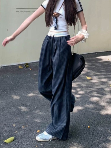 Hot girl with slim legs ~ Retro contrasting elastic waist plaid casual pants for women, thin straight-leg sports pants, wide-leg long pants