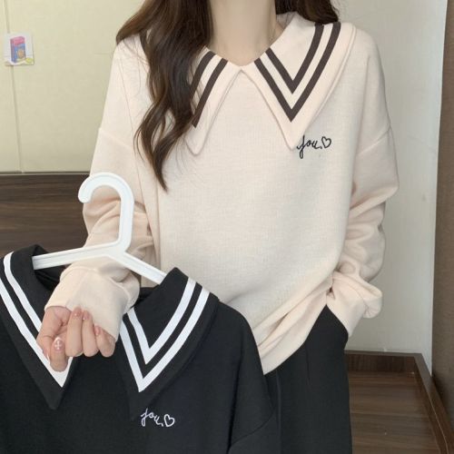 Real shot of new autumn and winter Korean style navy collar sweatshirt for women college style embroidered letter top for women