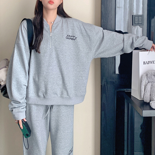 Gray casual sports sweatshirt suit for women 2024 spring and autumn new style lazy style wide-legged thin two-piece set