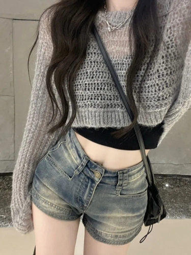 Distressed denim shorts for women summer new American style high-waisted elastic hottie slimming slim wide-leg pants ins trend