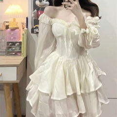 French Retro Sweet One-Shoulder Long-Sleeve Dress 2024 Autumn/Winter New Unique Niche Fairy Short Skirt