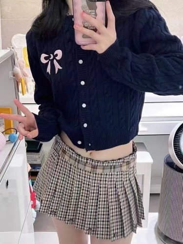 HEYGIRL黑哥 微醺甜妹 学院风圆领蝴蝶结开衫女春长袖麻花针织衫