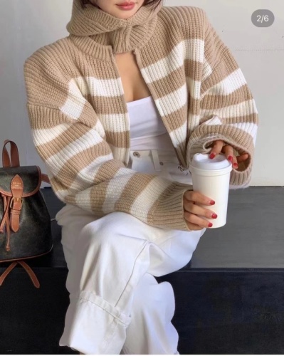 Purchasing agent in Dongdaemun, South Korea, spring and autumn new styles, color-blocked striped zipper knitted Korean style casual