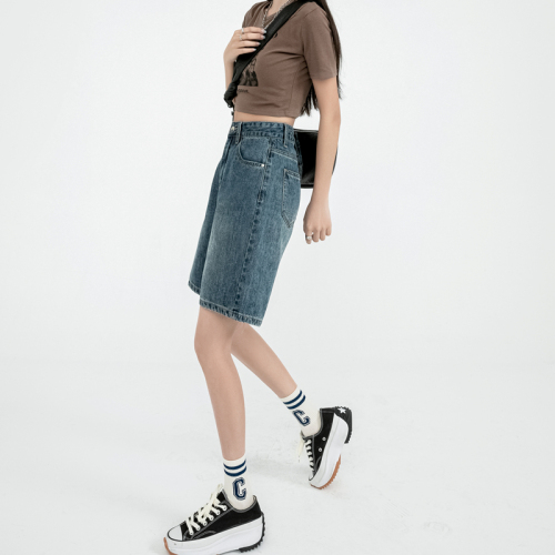 Summer new trendy ins straight denim shorts for women spring loose design thin high-waisted five-point pants