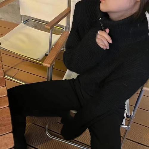 Short zipper turtleneck sweater jacket for women spring and autumn solid color commuting loose long-sleeved lazy high-end knitted top