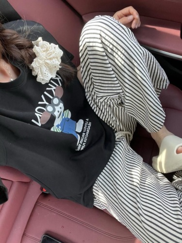 Black and white striped casual pants for women summer thin large size fat mm high waist slim loose lazy wide leg Yamamoto pants