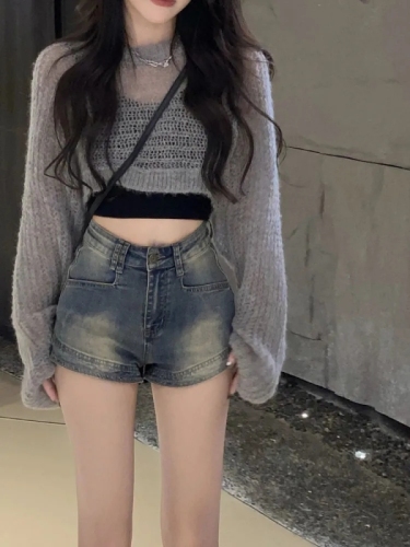 Distressed denim shorts for women summer new American style high-waisted elastic hottie slimming slim wide-leg pants ins trend
