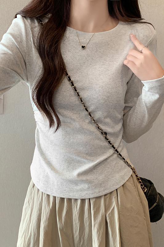 Spring, Autumn and Winter Brushed Bottoming Shirt Women's Smocked Waist Irregular Long Sleeve T-Shirt Right Shoulder Cropped Top