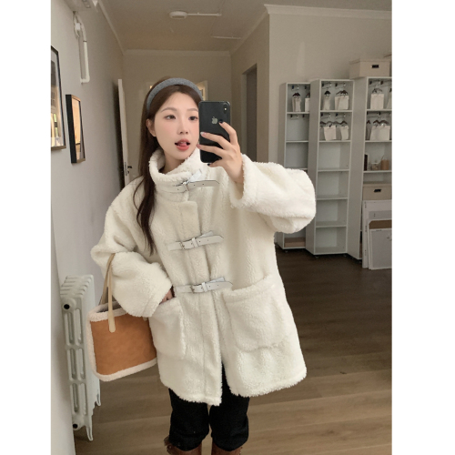 Actual shot of women's lamb velvet coat Korean style loose thickened mid-length fur one-piece grain coat