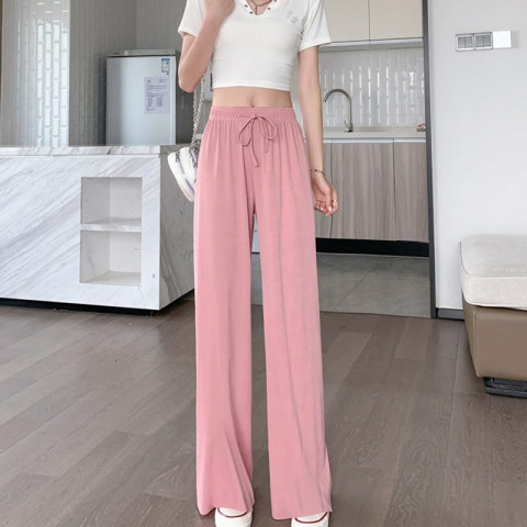 Ice silk wide leg trousers with drapey trousers for women, summer thin, small, high waist, slim, straight, large size trousers, trendy