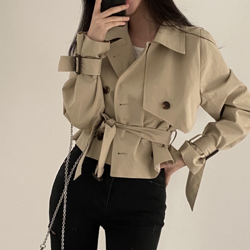 Korean chic autumn new retro strapped suit collar windbreaker women's loose short jacket