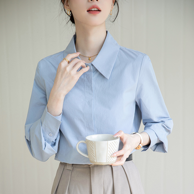 2024實拍職業藍色襯衫秋季新款正裝OL通勤女裝工裝襯衣高級感襯衣