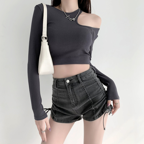 Hot girl summer high-waist denim shorts women's drawstring design slimming A-line strap hip-covering hot pants trendy