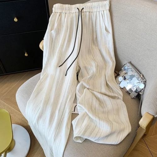 Fat mm plus size 300 pounds ice silk drapey wide-leg pants for women summer thin striped lazy style casual floor mopping pants