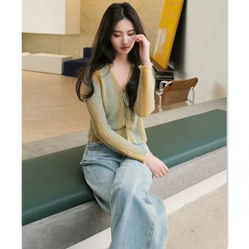 Star's same style green gradient tie-dye sweater top lace-up knitted cardigan slim fit bottoming shirt spring for women