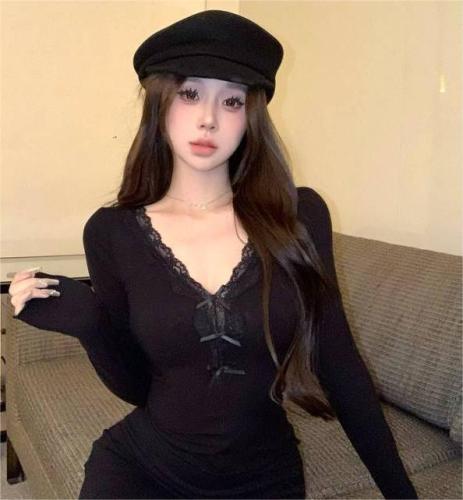 260g modal bow lace v-neck long-sleeved T-shirt women's slim hottie top