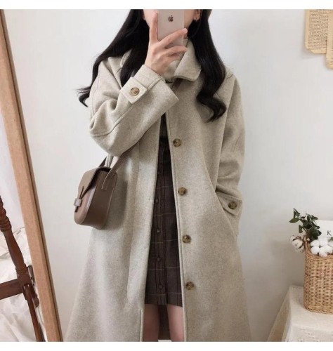 Student woolen coat women's mid-length 2024 autumn and winter new Korean version loose slimming thickened knee-length woolen coat