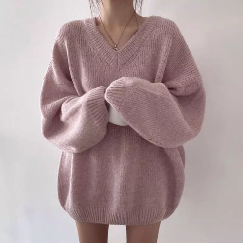 Korean chic autumn and winter gentle temperament V-neck pink soft waxy sweater loose casual long-sleeved pullover sweater for women