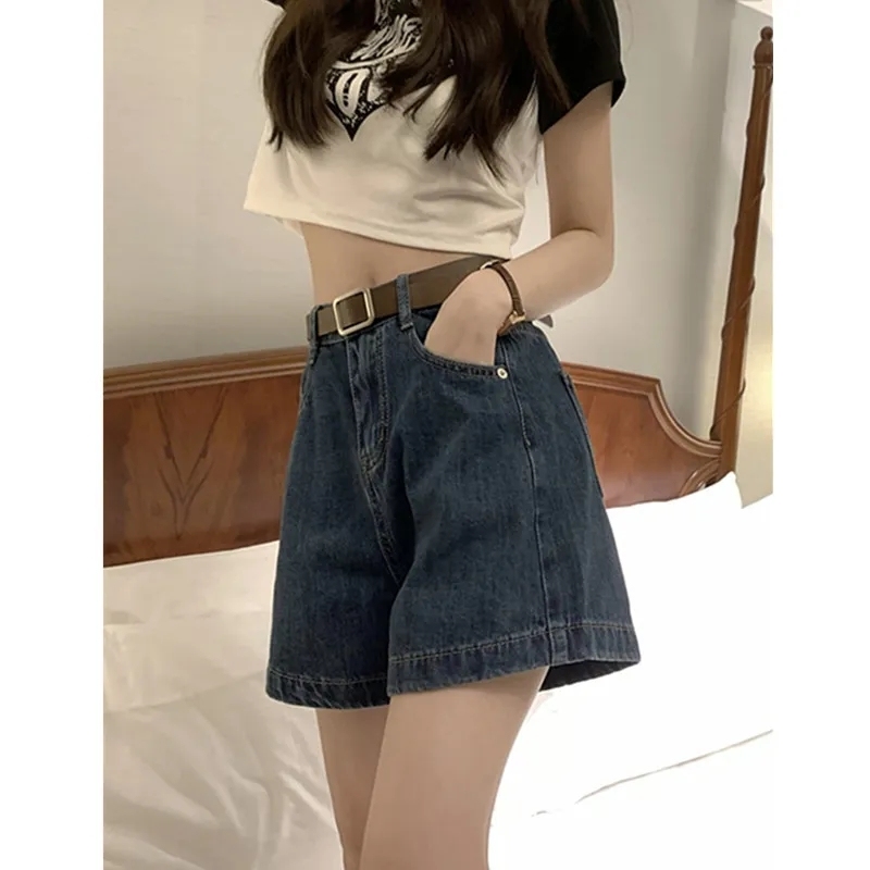 High-waisted denim shorts for women petite summer new style washed retro dark blue loose and versatile a-line wide-leg hot pants